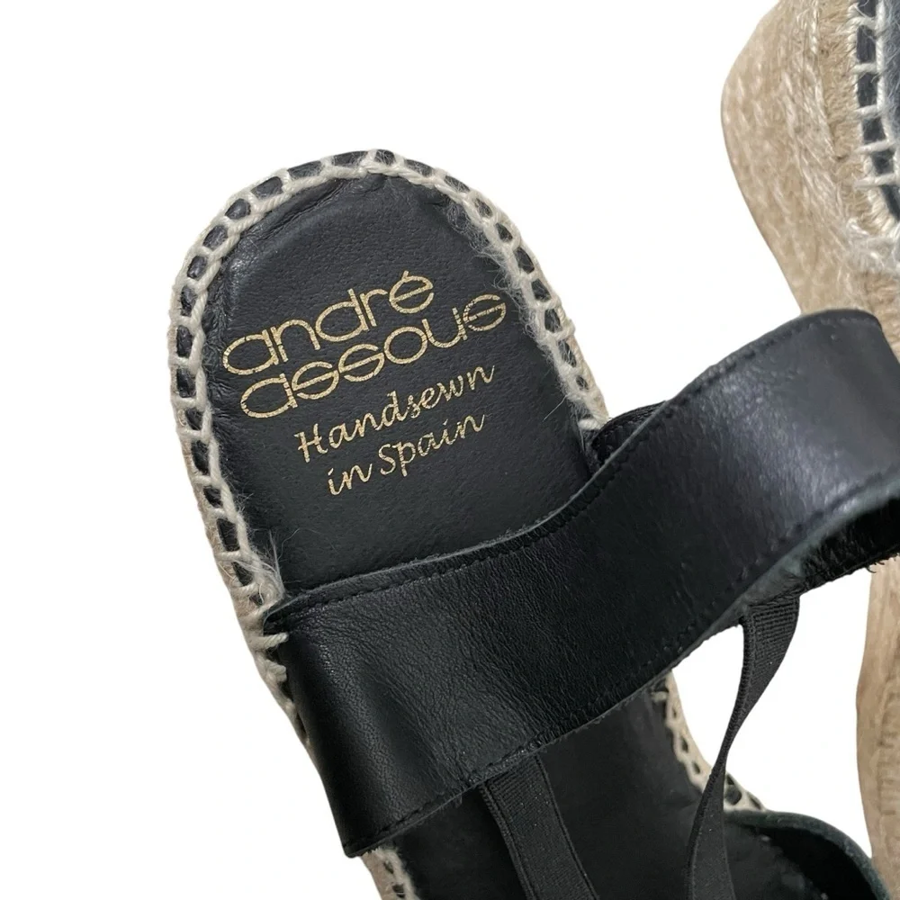 ANDRE ASSOUS Spain Leather Sling Back Peep Toe Wedge Espadrilles Sandal Black 10